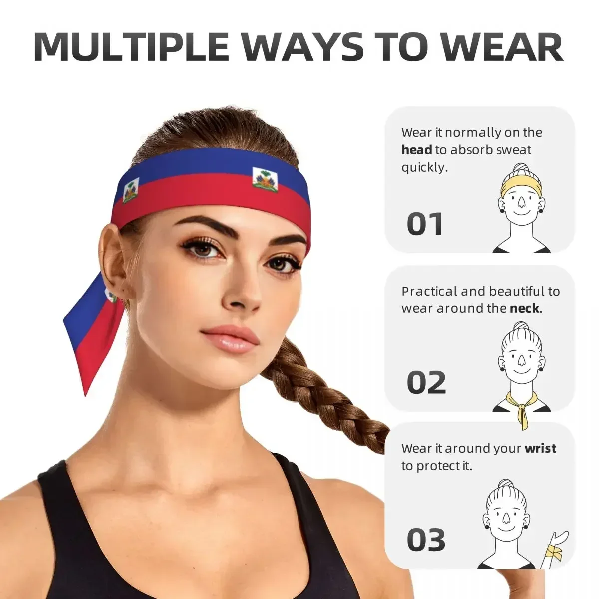 Custom Sports Headband Head Tie Haiti Flag Bandana Sweatbands Yoga Tennis Headwrap view 5