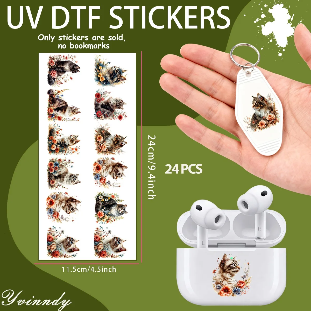24Pcs/SetFlower Cat DIY Motel Keychain UV DTF For Key Chain Personal Accessories