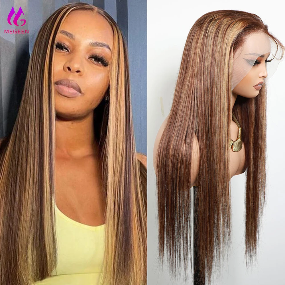 

Megeen Honey Blonde 100% Human Hair Wigs Straight 13X4 Lace Frontal Wigs Pre Plucked Highlight P4/27 Colored 13x4 Lace Front Wig