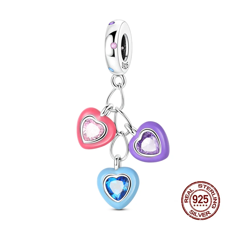 

New 925 Sterling Silver Charms Fit Pan Original Bracelet DIY Three Color Heart Shape Pendant Tassel Beads Women Birthday Jewelry