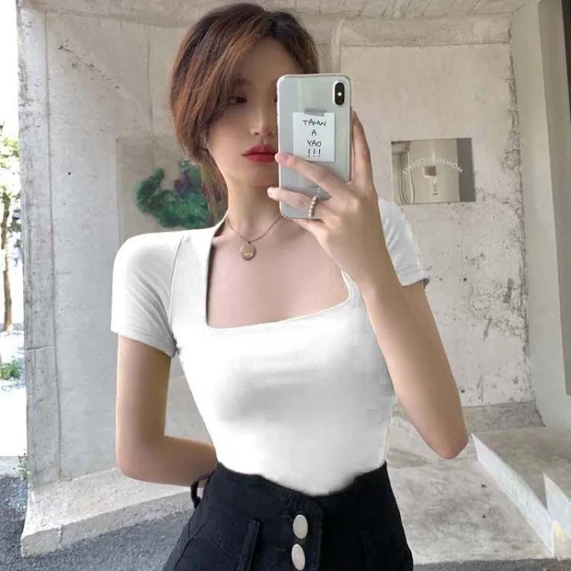 Low Cut Korean Fashion T-shirts Women Sexy Y2K Kpop Crop Tops Vintage Retro Slim Tees Shirts Blue Cheap Clothes Woman Tshirts