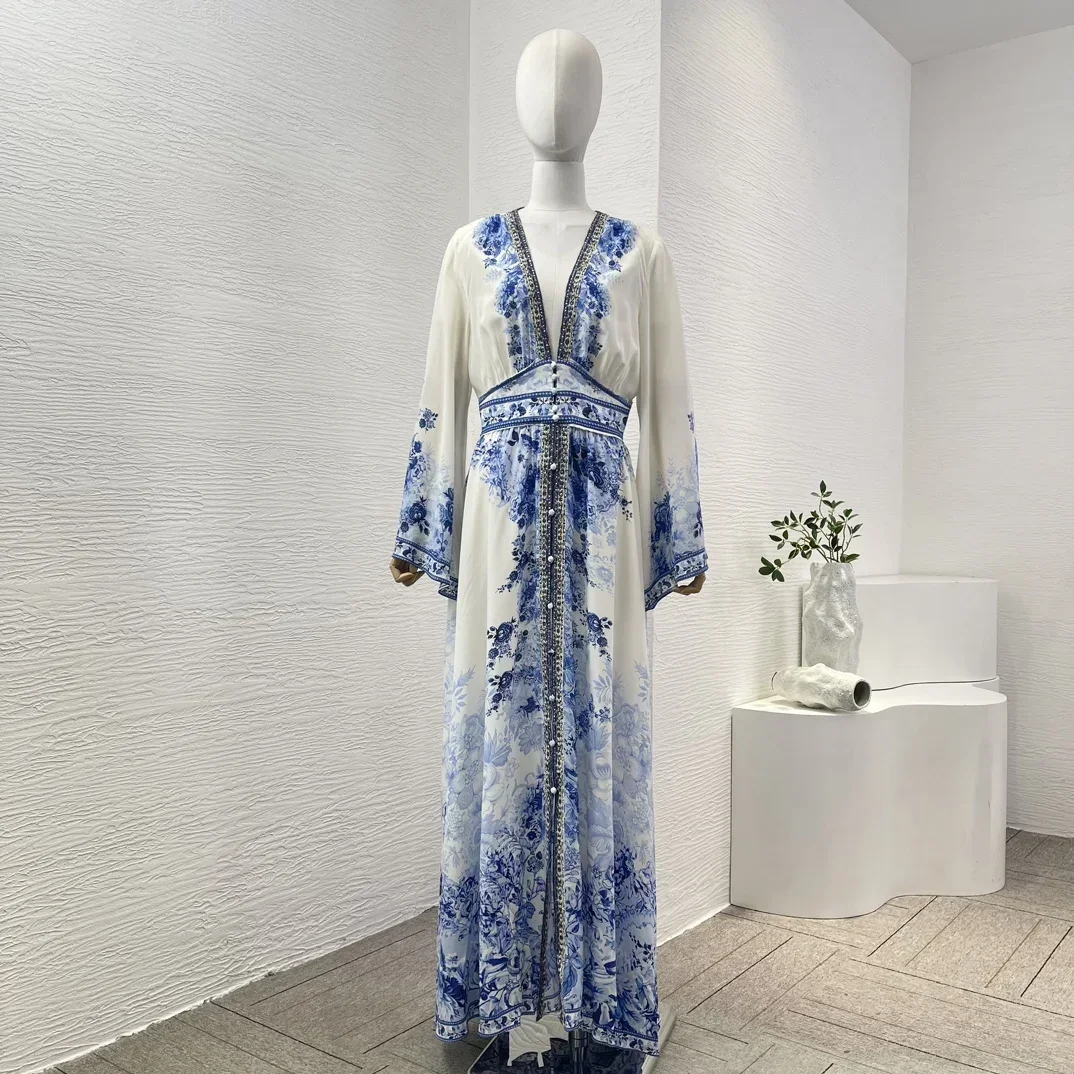 2024 New Blue White Porcela Long Sleeve Floral Print Deep V Neck Maxi Dress