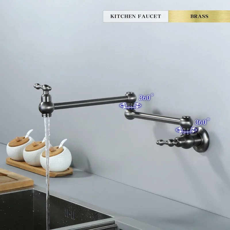 Full Copper Single Cold Wall Mounted Foldable Kitchen Faucet Extendable Rotating Sink Tap Gun Grey