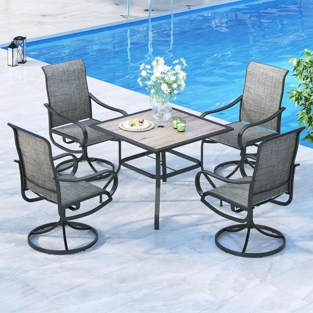 

Outdoor Patio Dining Set, 4 Sling Dining Swivel Chairs and 37" Square Metal Table with Wood-Like Top Furniture Sets