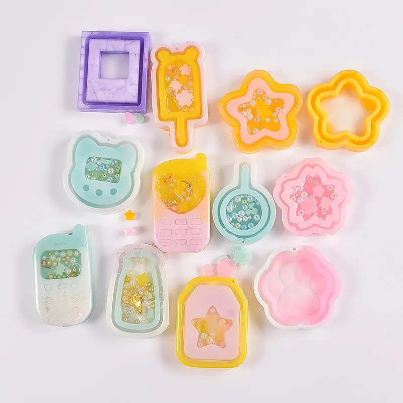 DIY Silicone Epoxy Resin Quicksand Phone Love Flower Cat Claw Keychain Shaker Molds Silicone Mold