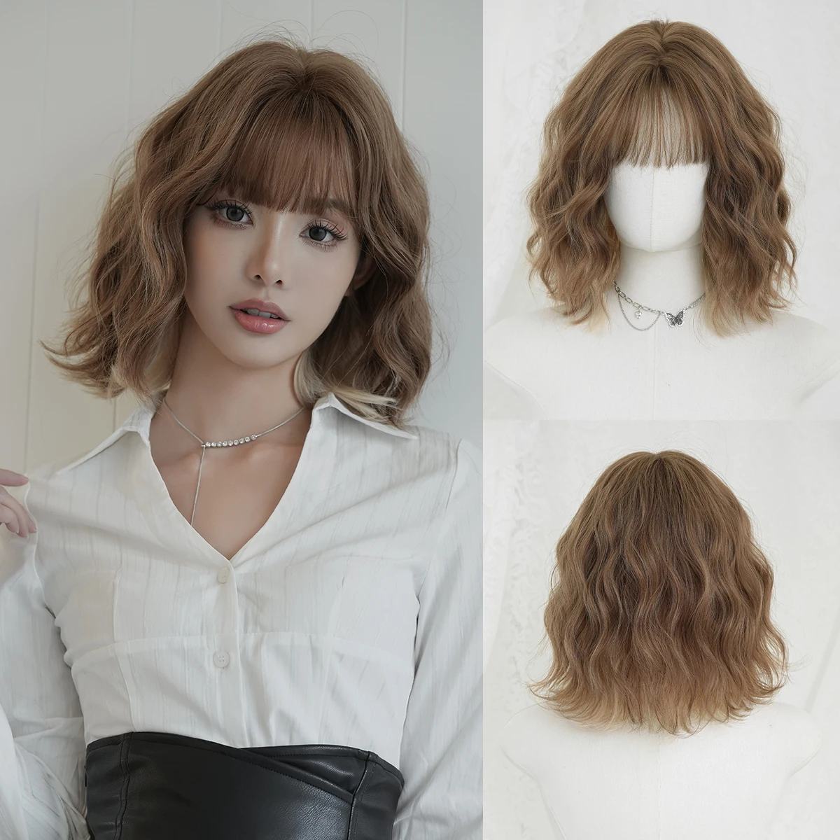 7JHH WIGS Kurze Wasserwellen-Perücke in Goldbraun für Frauen, Synthetische Modische Bob-Perücke mit Glattem Pony