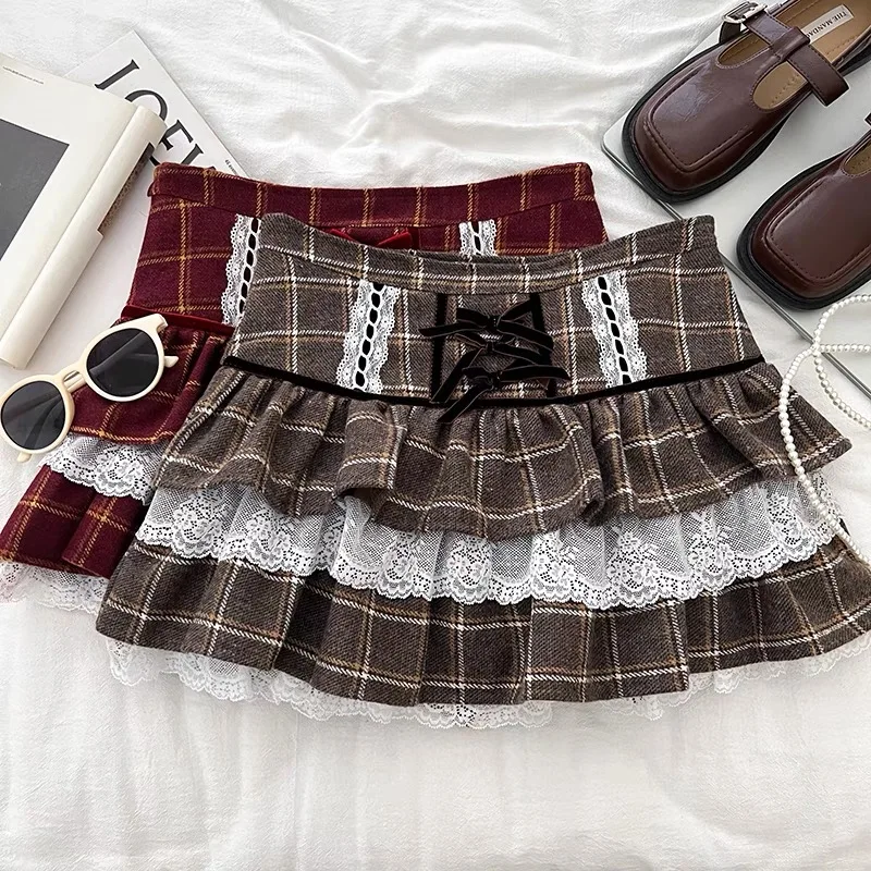 Coigarsam Short Skirt for Women - High Waist Red Khaki, Lace Plaid Design Trendy Skirts - Stylish Ladies Skirt