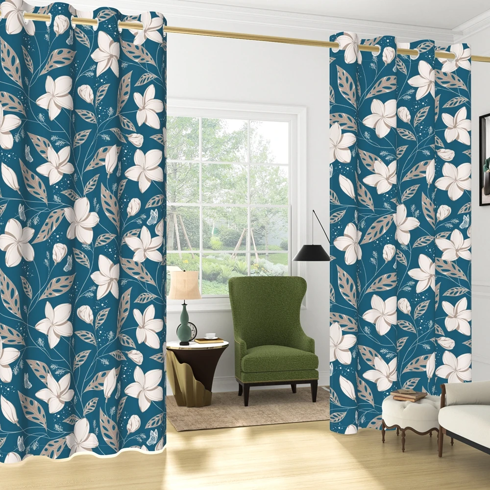 2 Panels Boho Butterfly Flower Print Blackout Curtains, Teal Blue Floral Grommet Drapes for Bedroom Living Room Window Decor