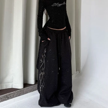 Y2K Black Diamond Sweatpants Women Wide Leg Trouser