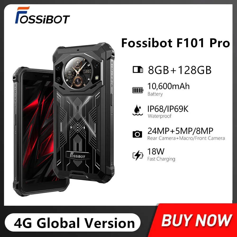 New FOSSiBOT F101 Pro Rugged Smartphone Octa Core 8GB+128GB 5.45Inch HD 4G Mobile Phone 10600mAh 18W Fast Charge 24MP Camera NFC