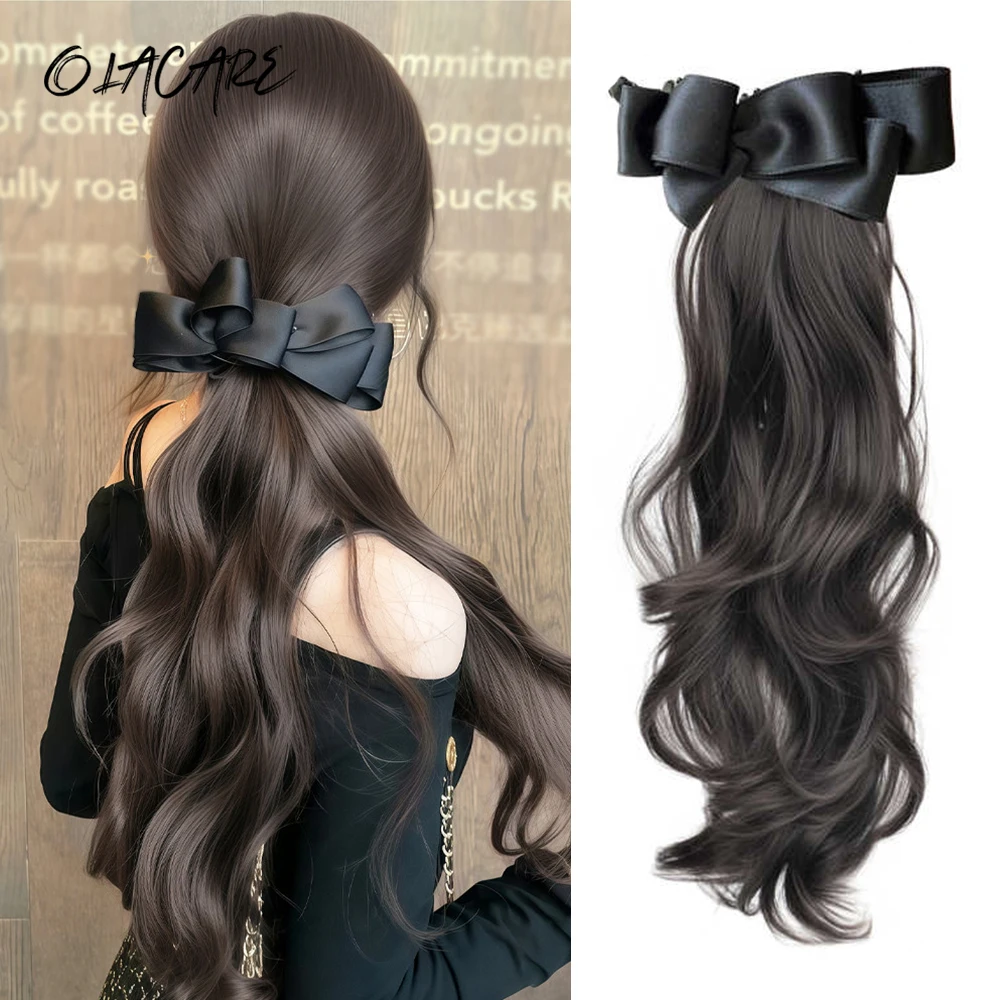 OLACARE Claw Clip Elegant Ponytail Wig With Grab Clip Silk Bowknot Synthetic Long Wavy Layered Ponytail for Women Daily Use