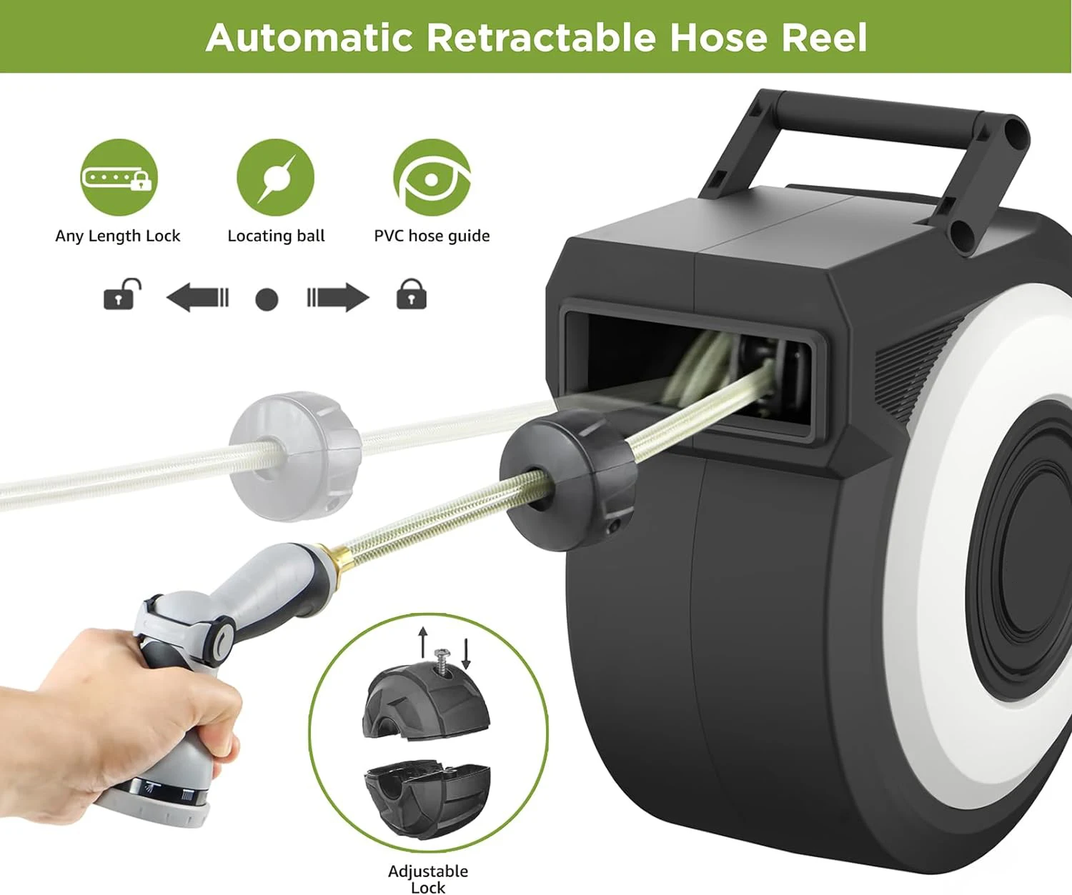 82FT Retractable Garden Hose Reel with Auto Rewind, 1/2'' Large Diameter Plastic Water Hose