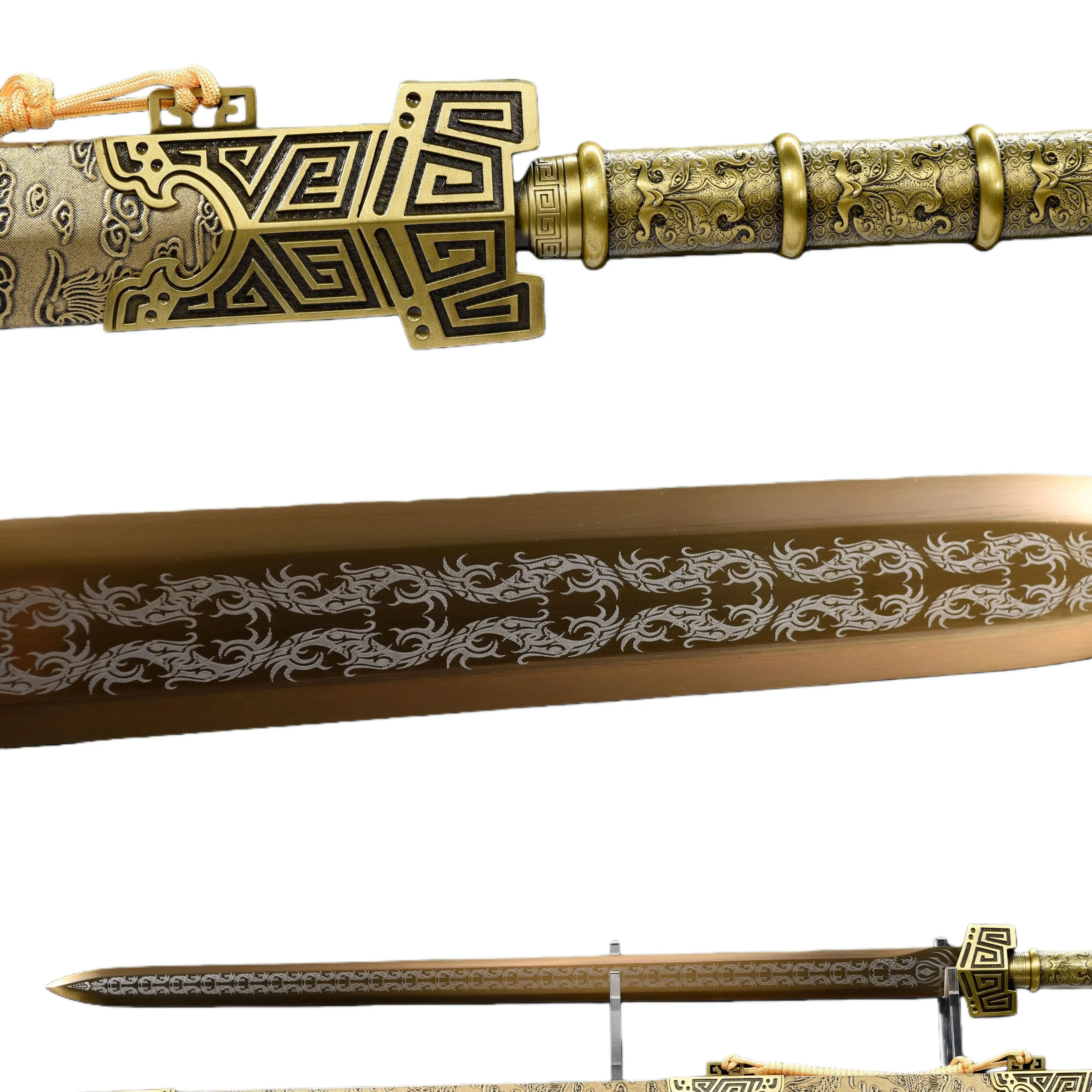 

Golden feng shui talisman samurai sword, sharp blades prepared for the battles of Chinese medieval royal knights, katana combat