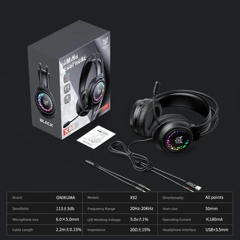ONIKUMA X92 Bedrade Gaming Headset RGB 50mm Drivers Over-Ear Hoofdtelefoon Omnidirectionele Microfoon USB 3.5mm PC PS4 PS5 Xbox Gamer