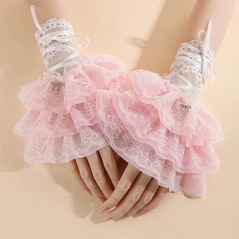 Lolita Lace Floral Decorative Arm Sleeves Fairy Layered Ruffle Mesh Fingerless Gloves JK Girl Cosplay Strap Wrist Cuffs