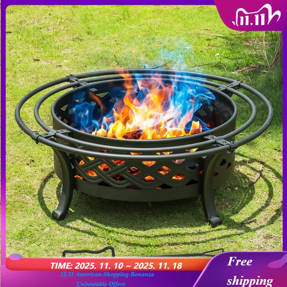 

36 Inch Fire Pit with 2 Loops,Crossweave Wood Burning Fire Pits for Outside,with Spark Screen,Fire Poker,Round Outdoor Firepit