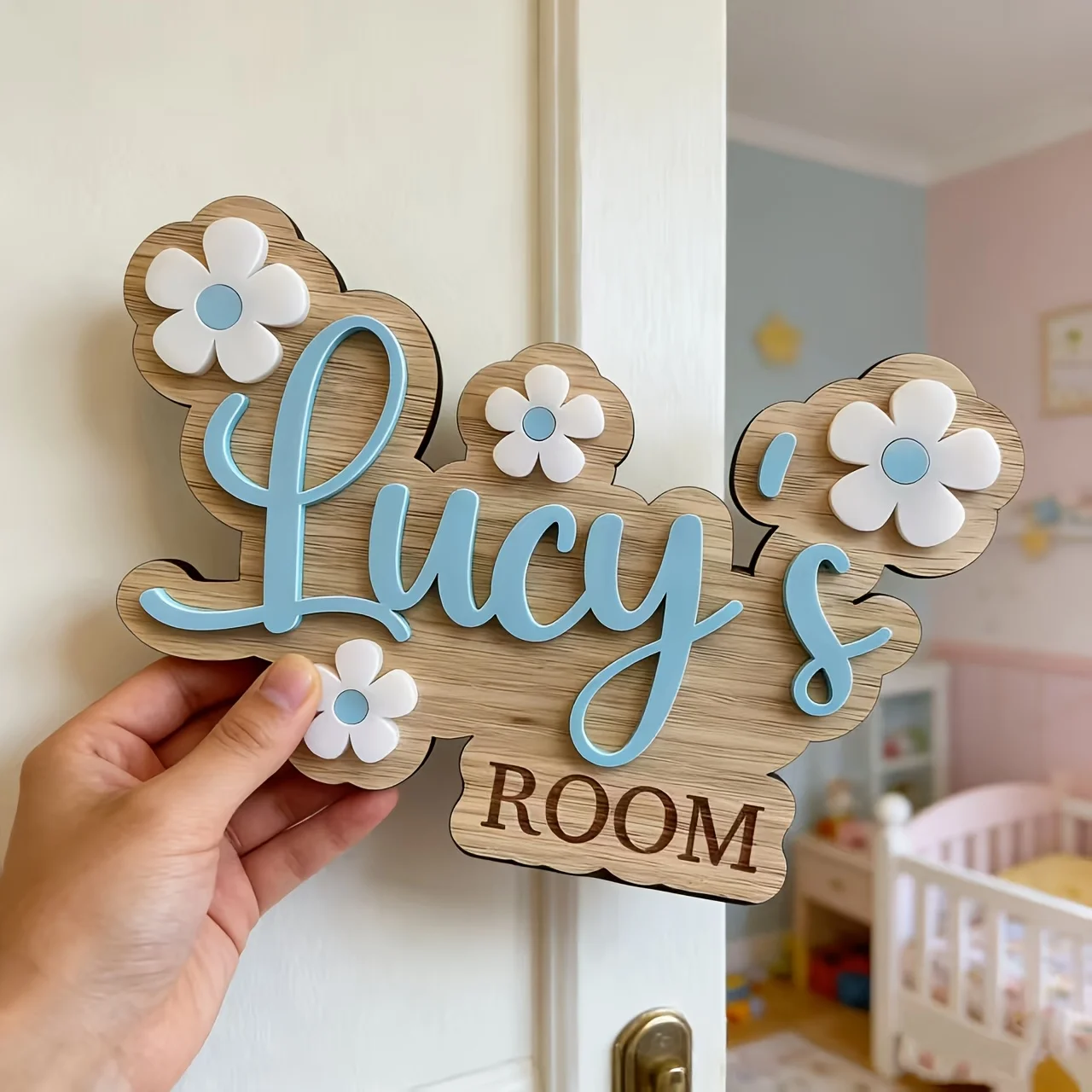 Custom Flower Wooden Room Sign, Personalized Floral Nursery Door Plaque, Cute Decor for Your Beloved Baby