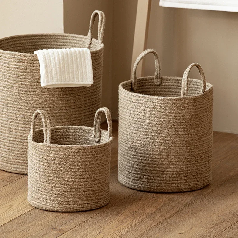 

Jute Hand-woven Cotton Thread Basket, Dirty Clothes Basket, Portable Toy Storage Bucket