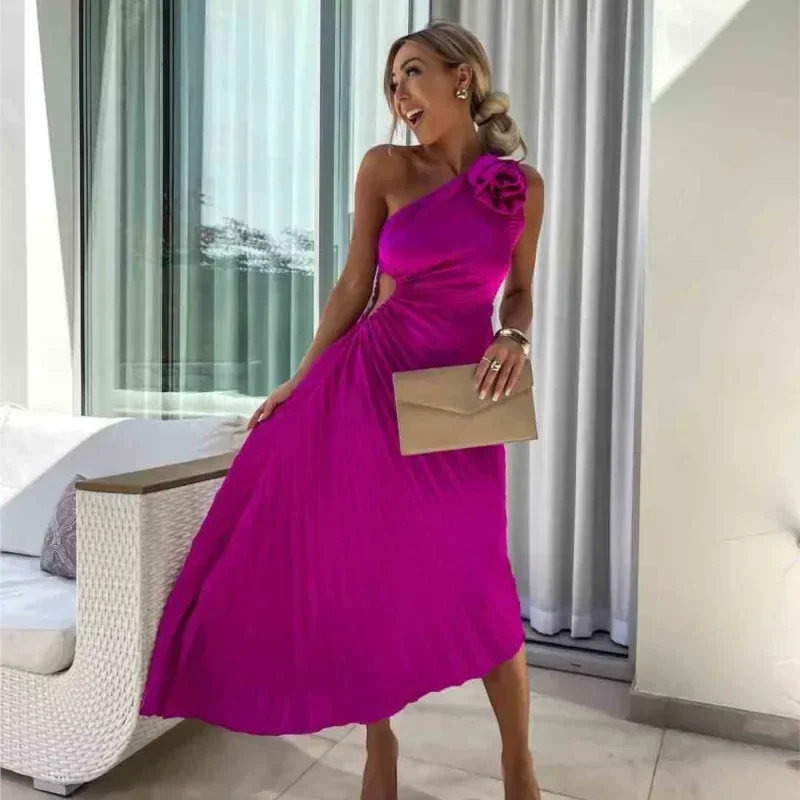 

Sexy Diagonal Collar Sleeveless Waist Party Dress Women Elegant Hollow Out Solid Gown Dress Fashion Flower Decoration Long Dress