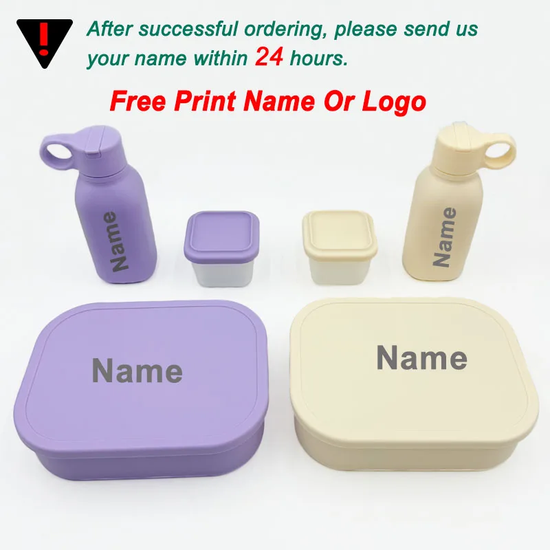 Personalized Name Silicone Lunch Bento Box Straw Water Bottle Sets Camping Picnic Food Drinkware Container Sippy Bottle For Kids