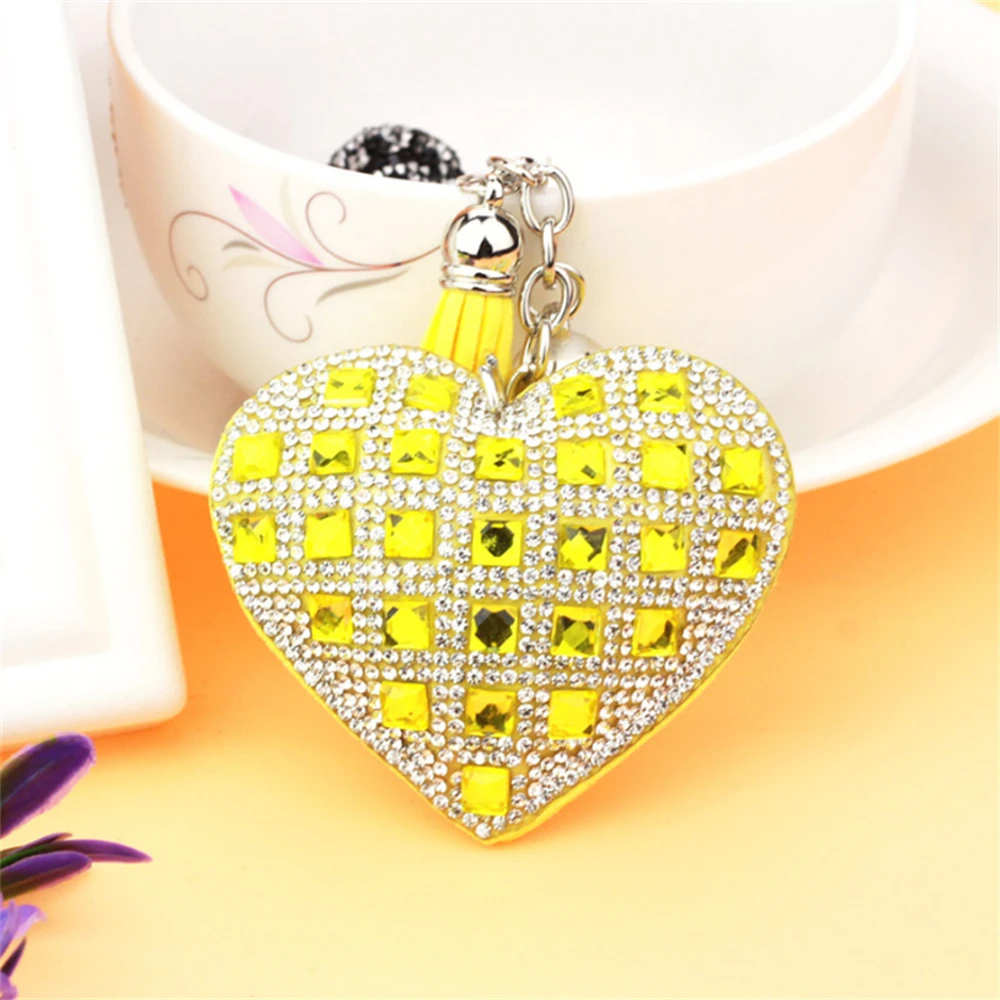 Colourful Heart Full Rhinestone Keychain PU Leather Tassel Keyring for Women Car Key Holder Valentine\'s Day Gift