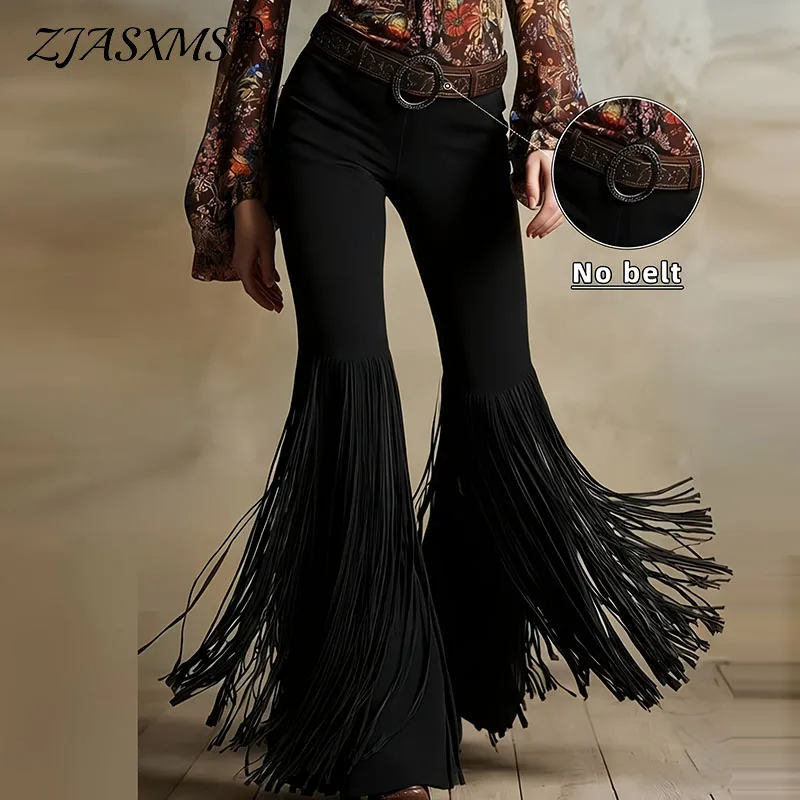 Retro Solid Suede Fringe Flare Pants Women's High Waist Slim Fit Casual Trousers 2026 Spring Fall Streetwear Long Tassel Bottoms