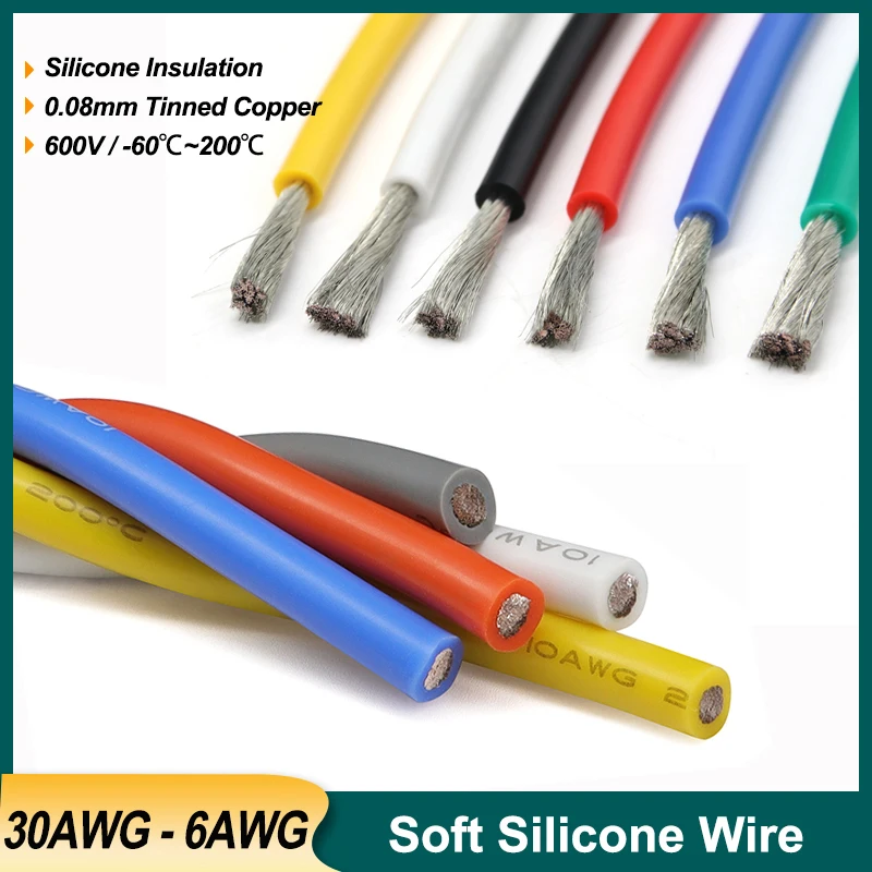 

1/2/5m Soft Silicone Wire 30 28 26 24 22 20 18 16 14 12 10 8 6AWG Automotive Solar Panel Car Battery Electric Power Cable
