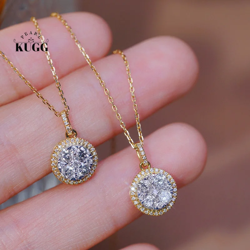 KUGG 18K Yellow Gold Necklace Luxury Round Design 0.45carat Real Natural Diamond Pendant Necklace for Women High Wedding Jewelry