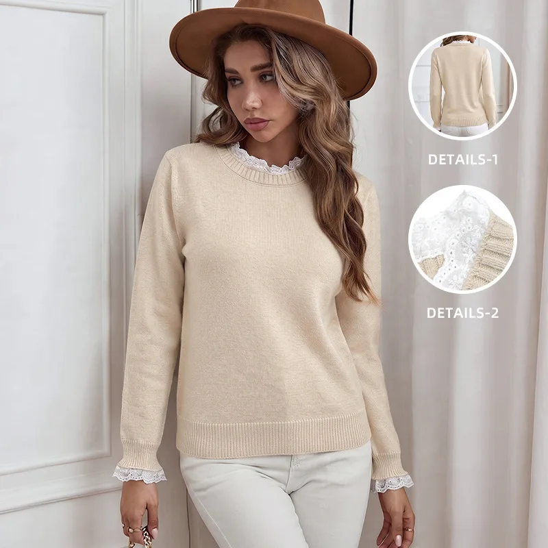 Autumn Winter New Lace Patchwork Women Sweater Crew Neck Solid Color Fashion Commute Style Knitwear Soft Warm Daily Wear Office