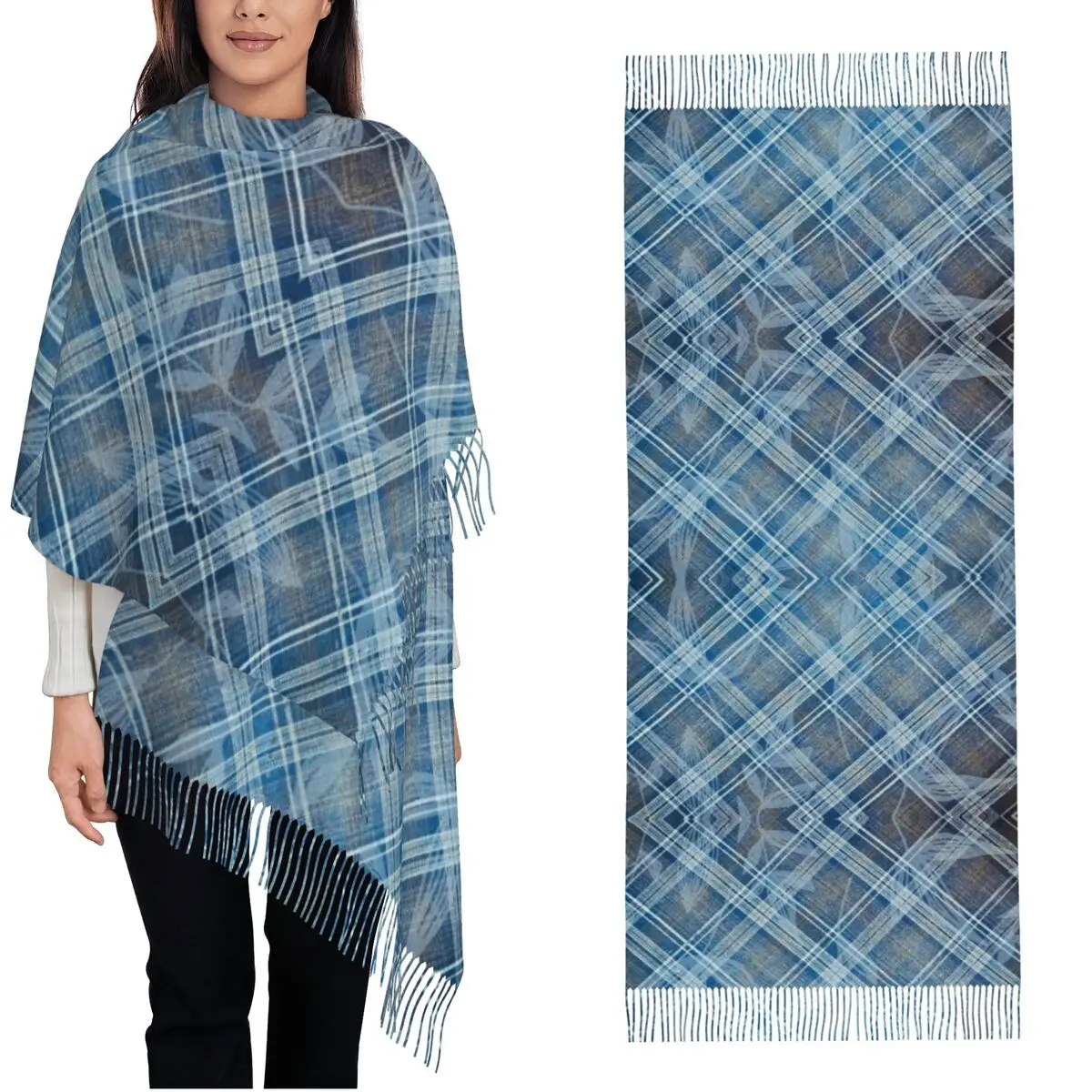 

Tartan And Leaf Pattern Scarf for Womens Warm Winter Shawls and Wrap Sassenach Pattern Long Scarves with Tassel Ladies