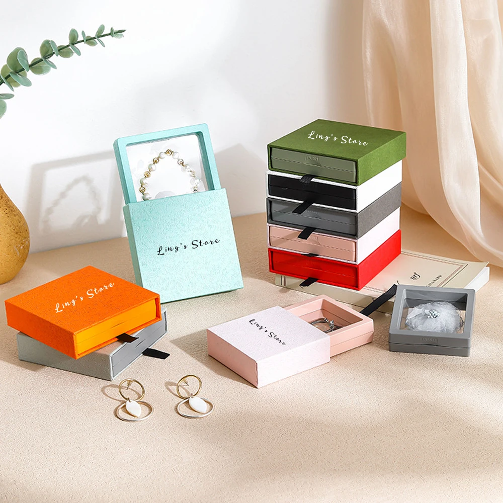 

50Pcs Personalized Logo Jewelry Drawer Box With PE Film Ring Earring Bracelet Necklace Storage Hair Clip Badge Packaging Display