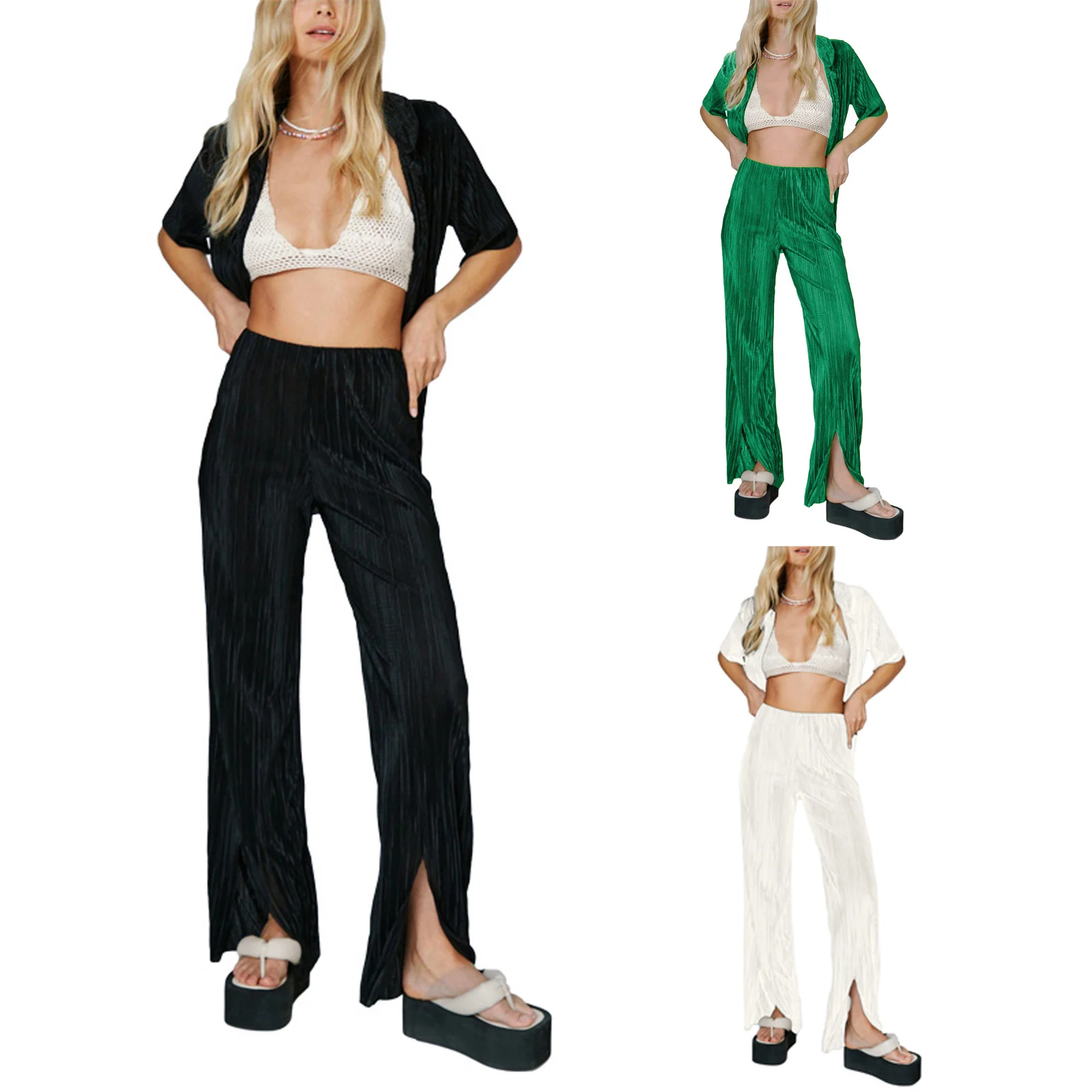 

Summer Ladies Leisure Suit, Women Solid Color Lapel Short Sleeve Single-breasted Shirt Tops + High Waist Split Long Pants