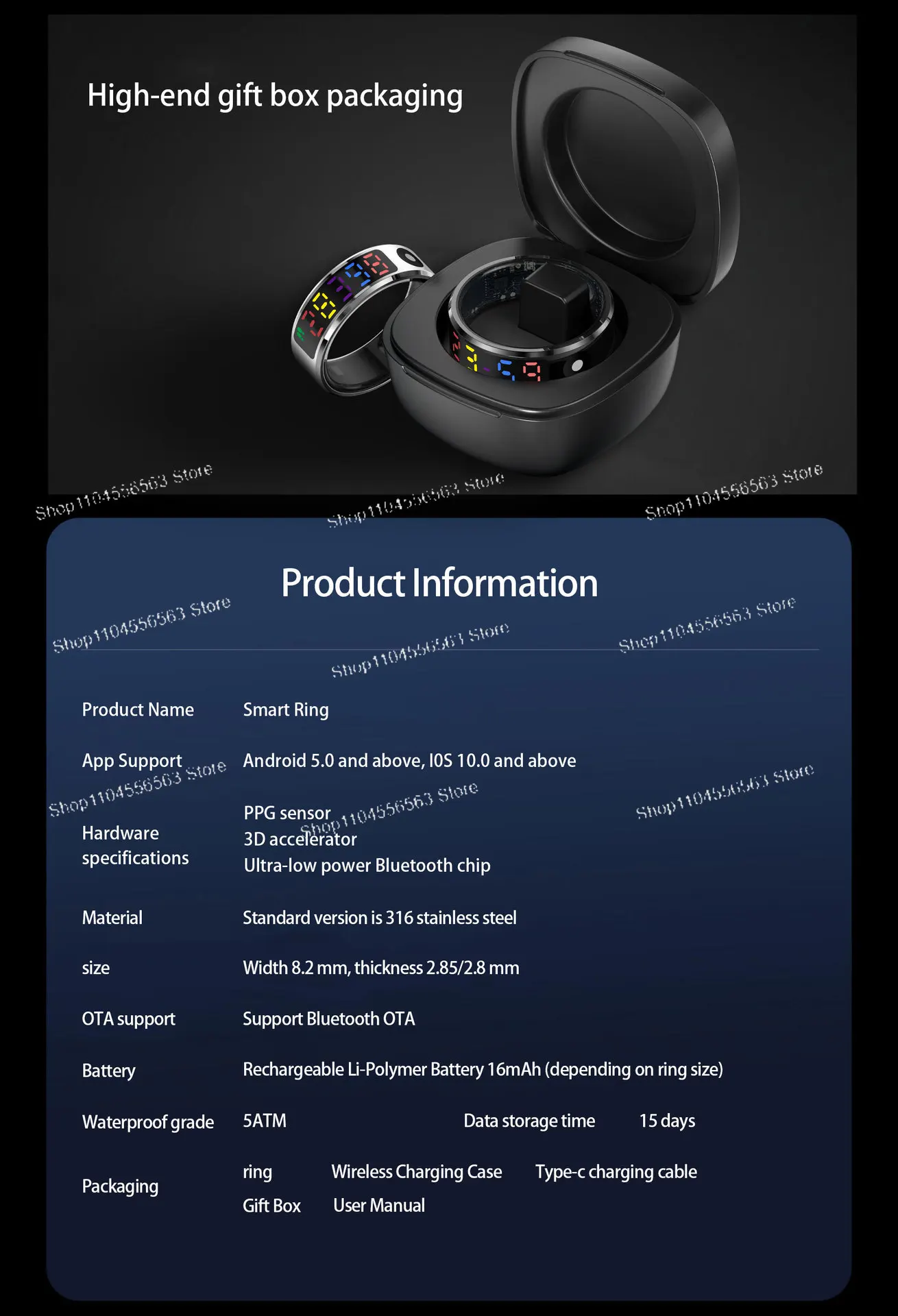 R12スマートリング（ディスプレイ付き）、心拍数、血中酸素、睡眠のモニタリング機能搭載、フィットネス・健康管理用、防水ヘルスリング