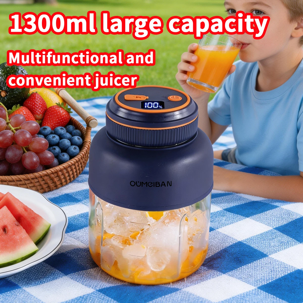 1300ML USB 충전식 휴대용 믹서기, 46개 블레이드 신선 과일 믹서, 가정용 다기능 아이스크러셔 스무디 블렌더
