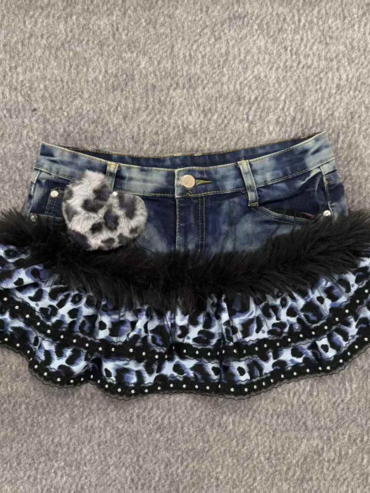 

Летняя винтажная готическая джинсовая юбка женская Y2K панк мода с леопардовым принтом мини-юбка гранж уличная меховая лоскутная одежда новая
