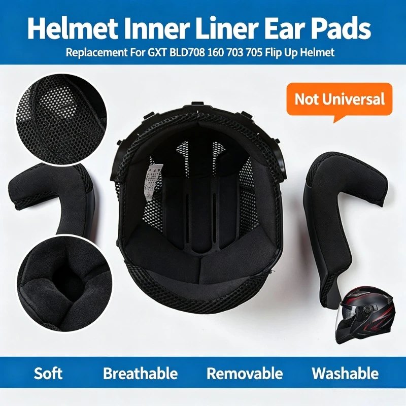 Helmet Inner Liner Comfort Ear Pads Replacement Parts For GXT BLD708 160 703 705 Flip Up Helmet Not Universal Soft Washable