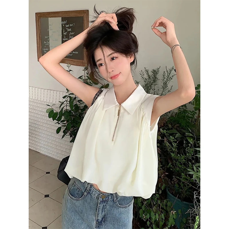 Women Summer Fashion Loose Temperament Solid Color Zipper Polo-Neck Sleeveless Tank Top Ladies Simplicity Appear Thin Trend Tops