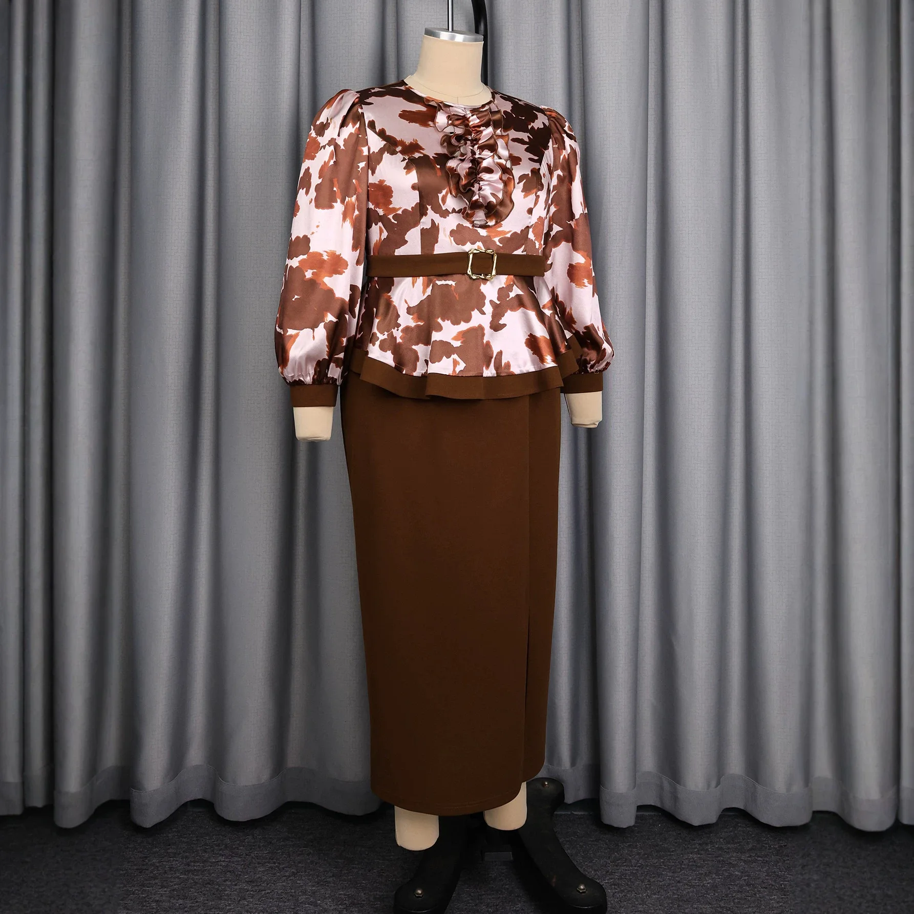African Dresses for Woman Ruffle O Ncek Puff 3/4 Sleeve Peplum Belt Split Vintage Church Formal Party Event Wedding Guest Gown