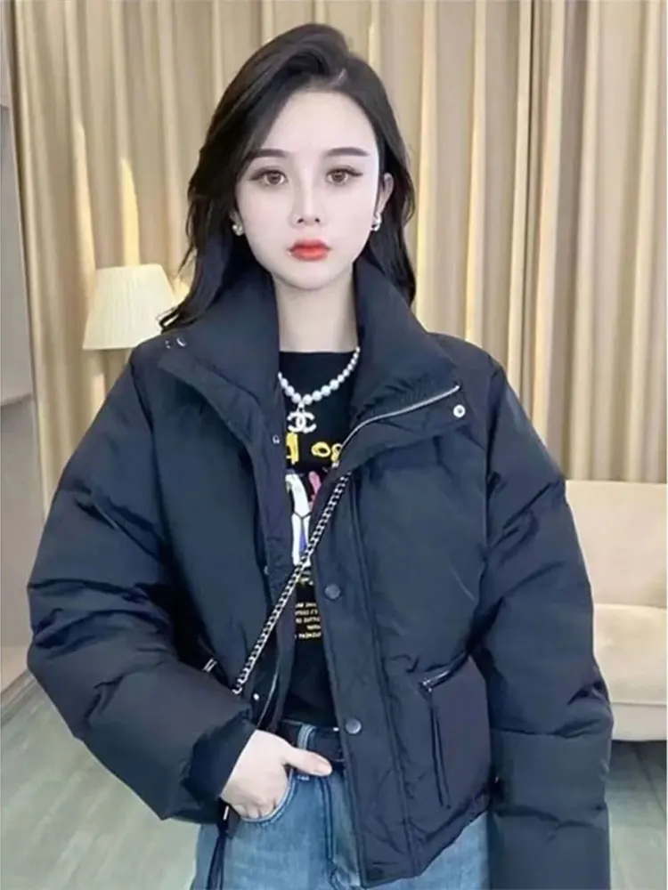 

Faionable Thiened ort Cotton Jaet Women's Winter Coat Stand Collar Korean Sle Commute Long Sve Zipper Pure Color