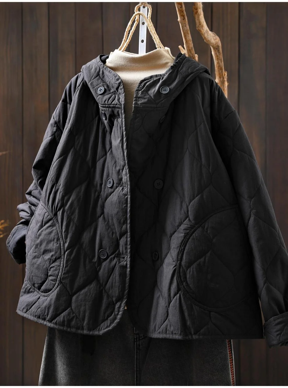 Buste 124 cm puur katoenen gewatteerde jas voor dames Japanse stijl herfst lente jas met capuchon en lange mouwen uitloper