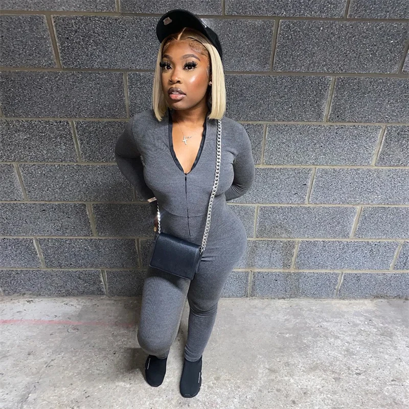 Streetwear Casual Zip Up Rompers Womens Jumpsuit Long Sleeve V-neck One Piece Overalls Jumpsuits Fashion Fitness Sporty Outfits