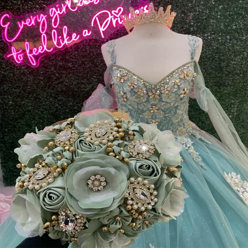 ANGELSBRIDEP-vestidos de Quinceañera de lujo, apliques de cristales, color verde menta, para eventos especiales, fiesta de cumpleaños de princesa, 2025