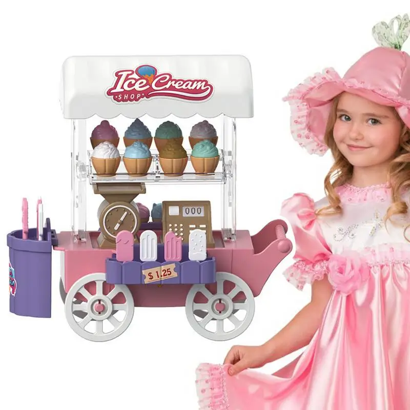 Ice Cream Cart Toddler Truck Food Cart Pretend Play Ice Cream Shop Counter Play Set For Girls And Boys Ages 1-3 Kids Birthday