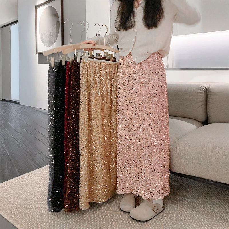 Black Gray Sequin Long Skirts for Women Fashion Office Lady Midi Skirt Purple Dark Brown High Waist A-line Skirt Teen Clothing