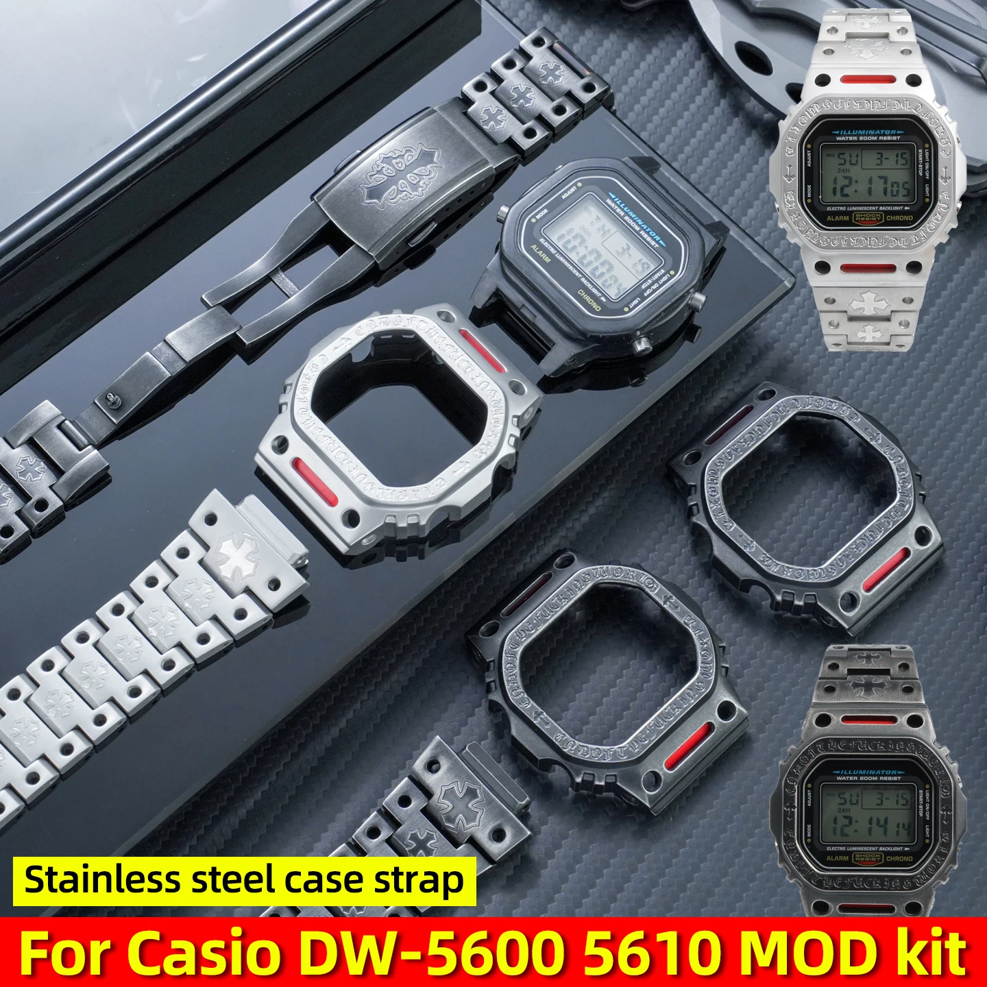 

Vintage Cross Engraved Stainless Steel Case & strap For Casio G-Shock DW-5600 GW-M5610 Metal Watch band Cover Replacemen Parts