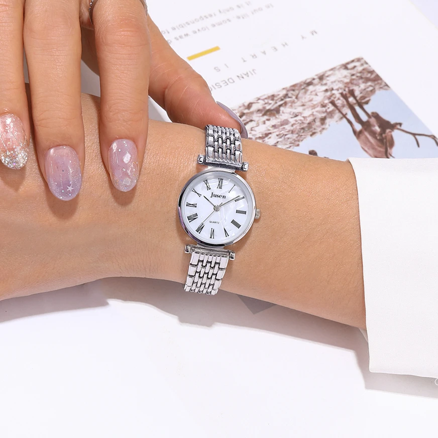 fashion silver steel bracelet band Roman scale dial quartz women watch
