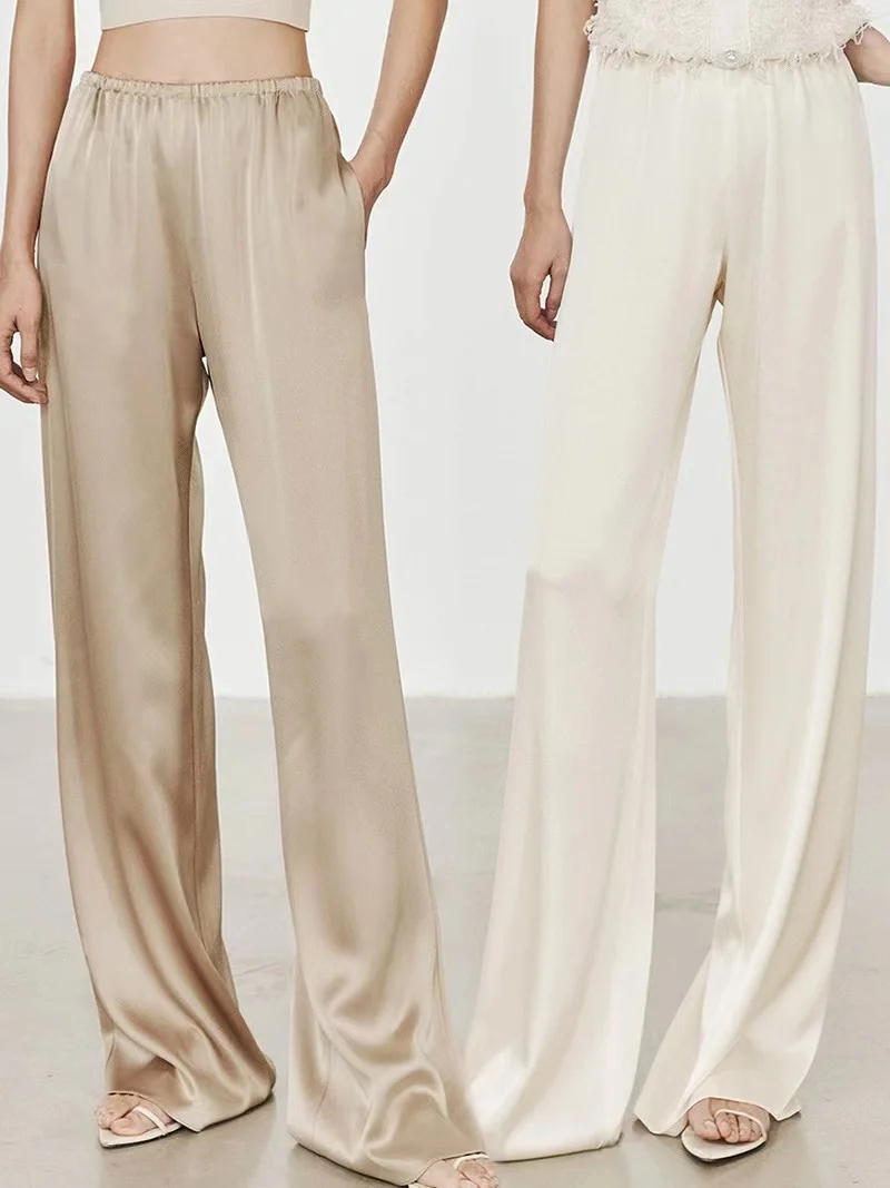 

Брюки-палаццо с высокой талией из ацетатного сатина, прямые, драпированные, женские, повседневные, в пол, для офиса