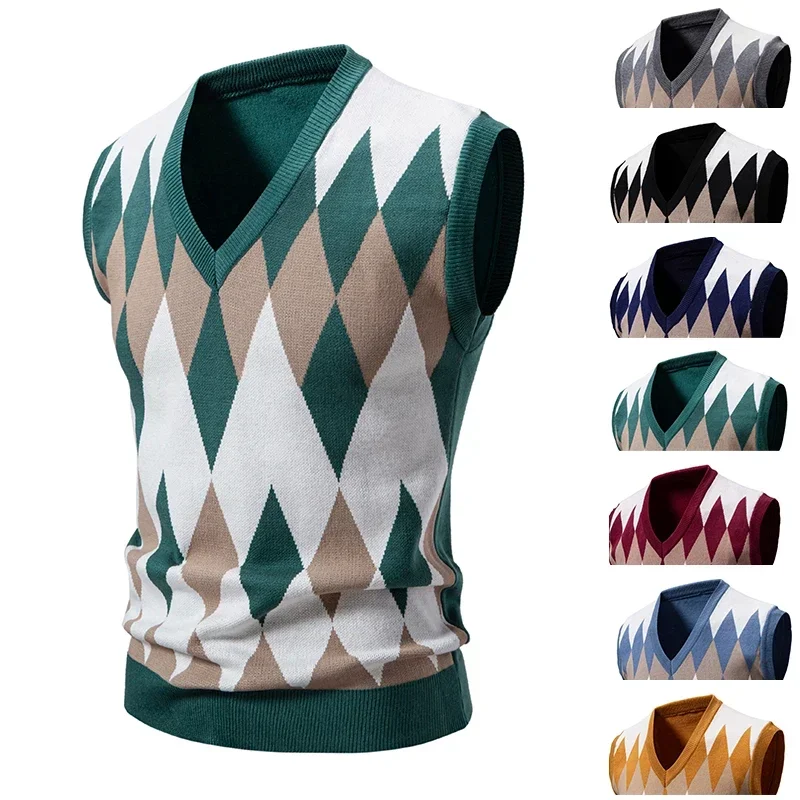 New Knitted Thread Men\'s Fashion Embroidery Color Matching V-neck Sleeveless Sweater Casual Lining Vest Men\'s Top