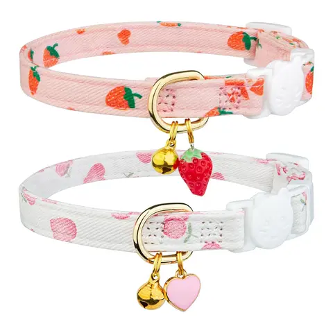 2 पीस एडजस्टेबल पेट कॉलर - गुलाबी स्ट्रॉबेरी और सफ़ेद दिल के आकार का पेंडेंट कॉटन ब्रेकअवे कैट कॉलर बेल के साथ 10 best sales टूटे हुए बिल्ली के कॉलर - №3
