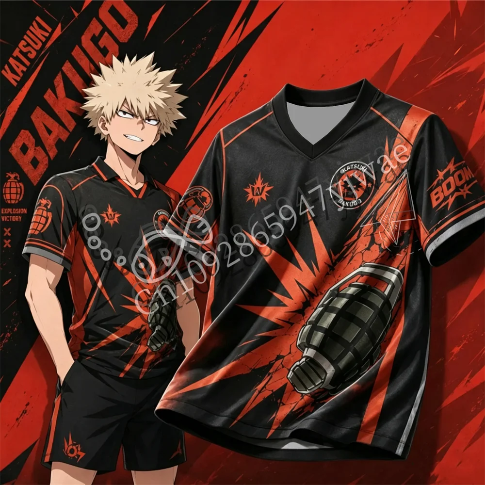 My Hero Academia Katsuki Bakugo Orange Black Football Shirt Breathable Quick Drying V-neck Short Sleeve Summer Men's T-shirt